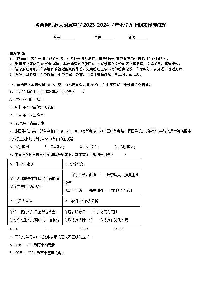 陕西省师范大附属中学2023-2024学年化学九上期末经典试题含答案第1页
