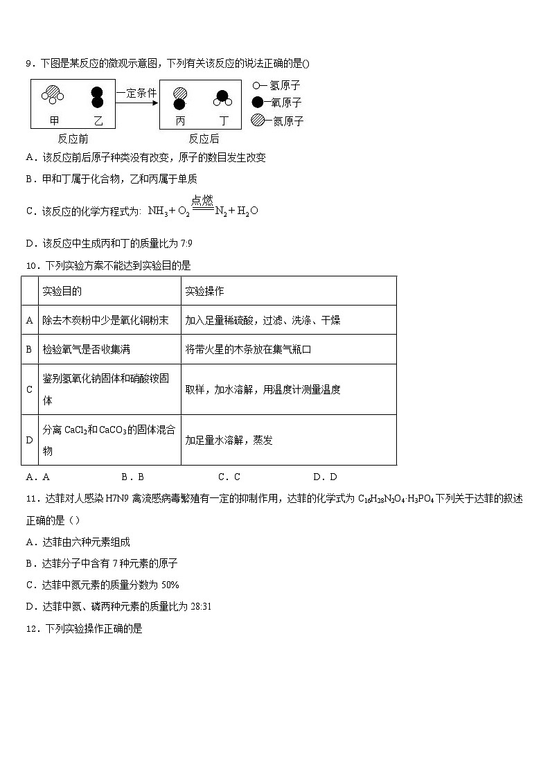 湖南长沙市北雅中学2023-2024学年九上化学期末学业水平测试试题含答案03