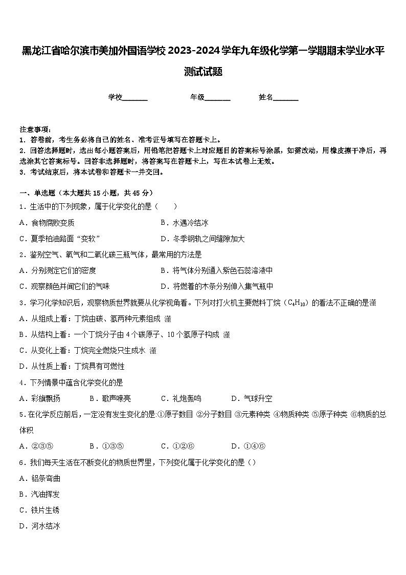 黑龙江省哈尔滨市美加外国语学校2023-2024学年九年级化学第一学期期末学业水平测试试题含答案01