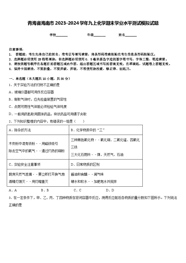 青海省海南市2023-2024学年九上化学期末学业水平测试模拟试题含答案01