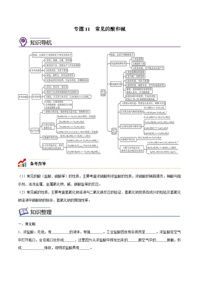 备战中考化学考点总复习 专题11 常见的酸和碱【考点精讲】（全国通用）（原卷版+解析版）01