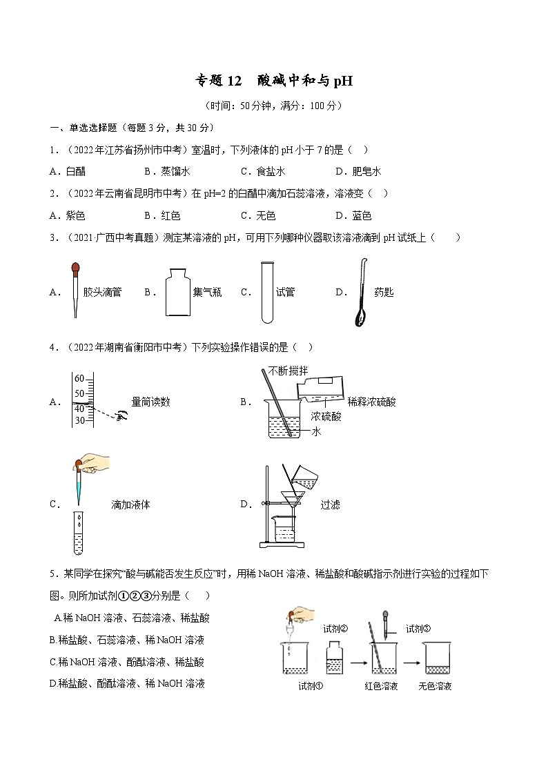 备战中考化学考点总复习 专题12 酸碱中和与pH【考点巩固】（全国通用）（原卷版+解析版）第1页