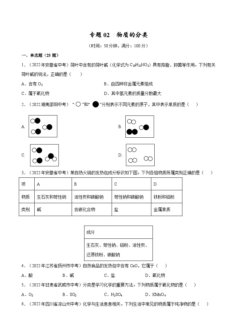 备战中考化学考点总复习 专题02 物质的分类【考点巩固】（全国通用）（原卷版+解析）第1页
