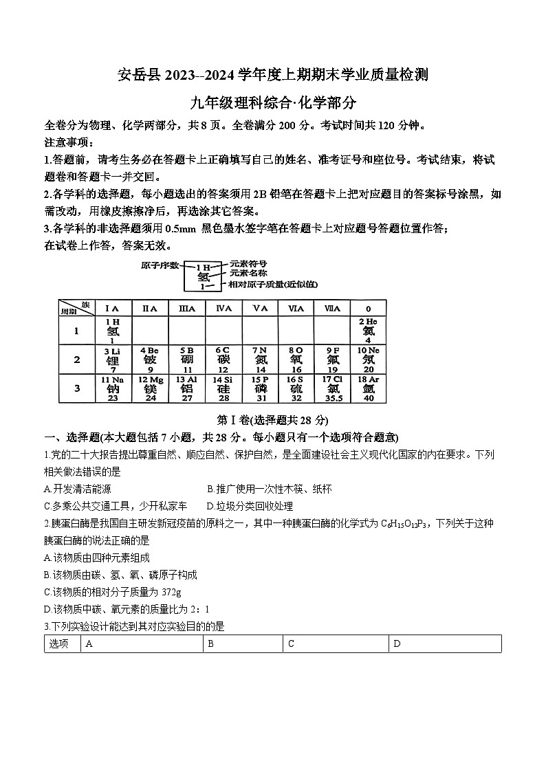 四川省资阳市安岳县2023-2024年九年级上期期末化学试题01