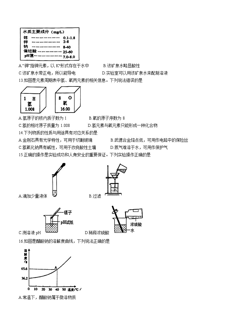 江苏省扬州市梅岭中学教育集团2023-2024学年九年级上学期1月期末化学试题(无答案)02