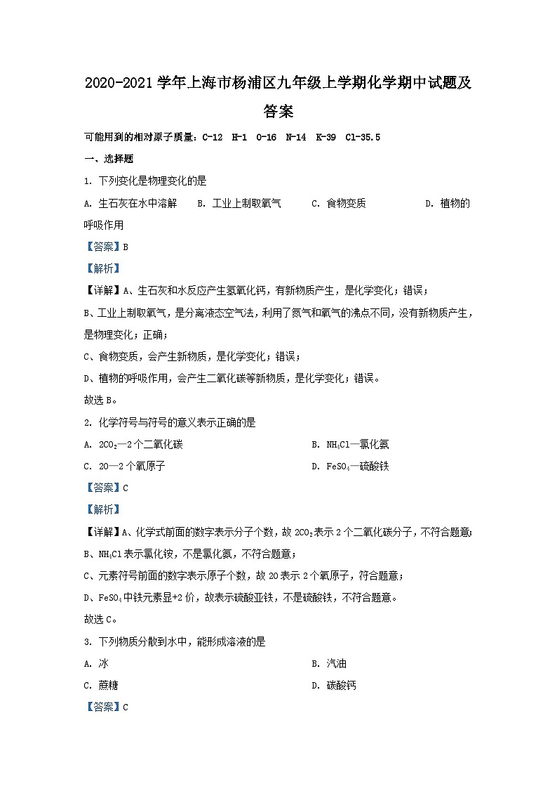 2020-2021学年上海市杨浦区九年级上学期化学期中试题及答案第1页