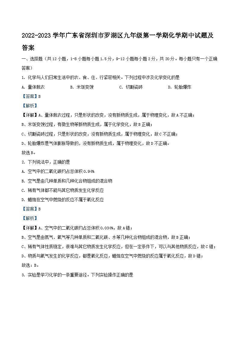 2022-2023学年广东省深圳市罗湖区九年级上学期化学期中试题及答案第1页