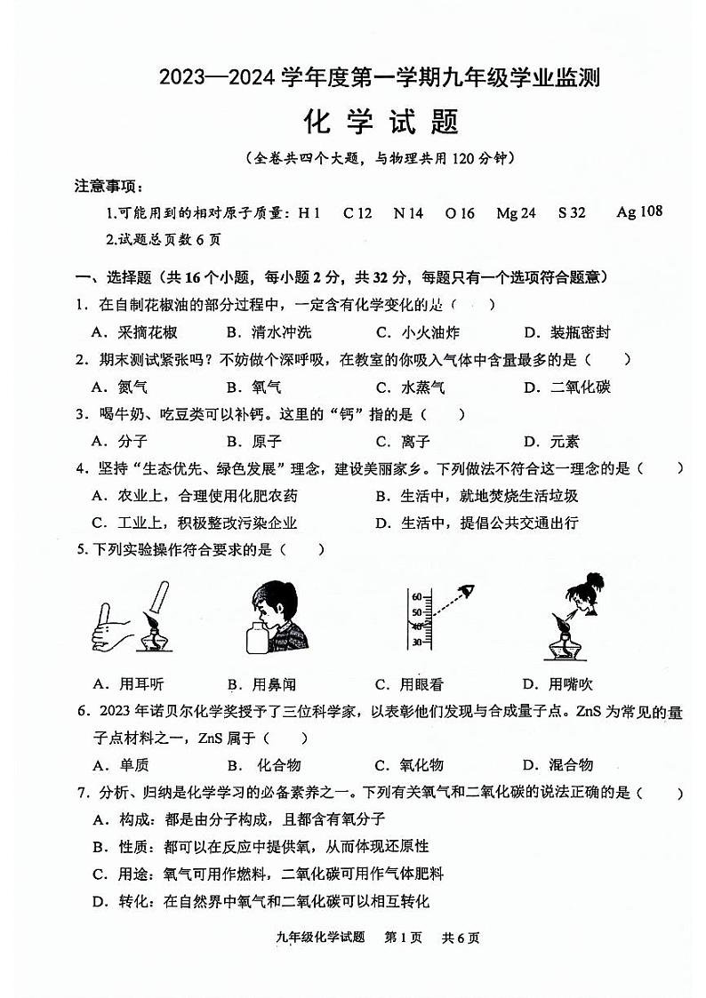 重庆市江津区2023-2024学年九年级上学期中考模拟化学试题（无答案）01