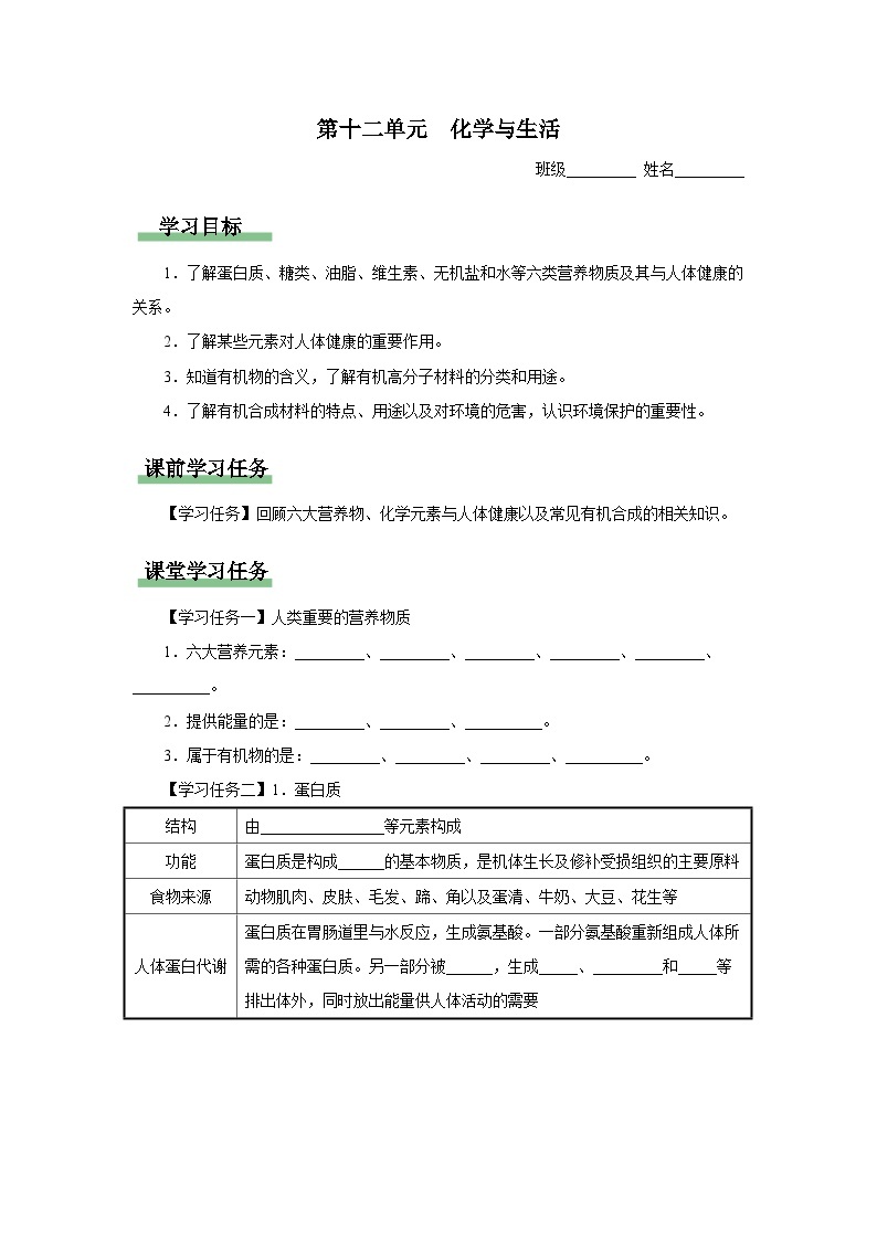 【人教版】九下化学  第十二单元  化学与生活（单元复习）（课件+教案+导学案+分层练习）01