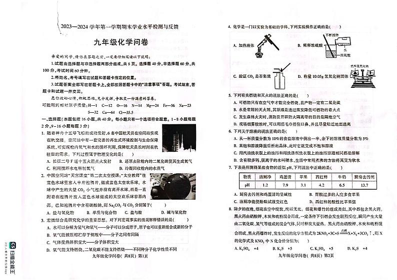 山东省聊城市阳谷县2023-2024学年九年级上学期期末考试化学试题01