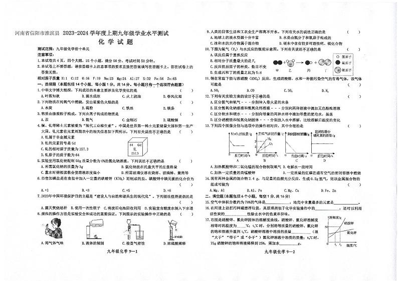 河南省信阳市淮滨县2023-2024学年九年级上学期学业水平测试化学试题01
