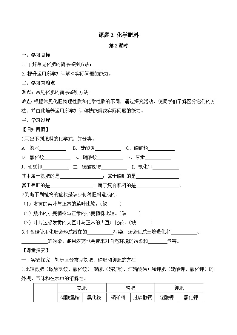 人教版化学九年级下册11.2《化学肥料》第二课时 课件+教案+导学案+分层练习（含答案解析）01