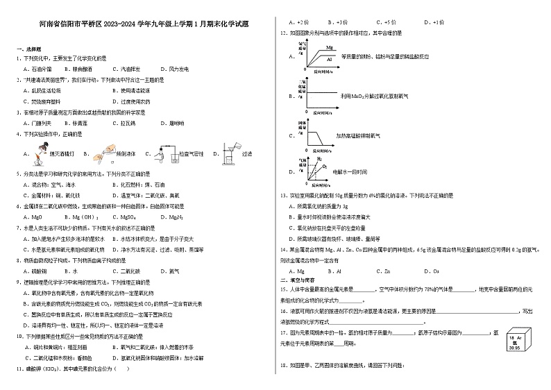 河南省信阳市平桥区2023-2024学年九年级上学期1月期末化学试题01