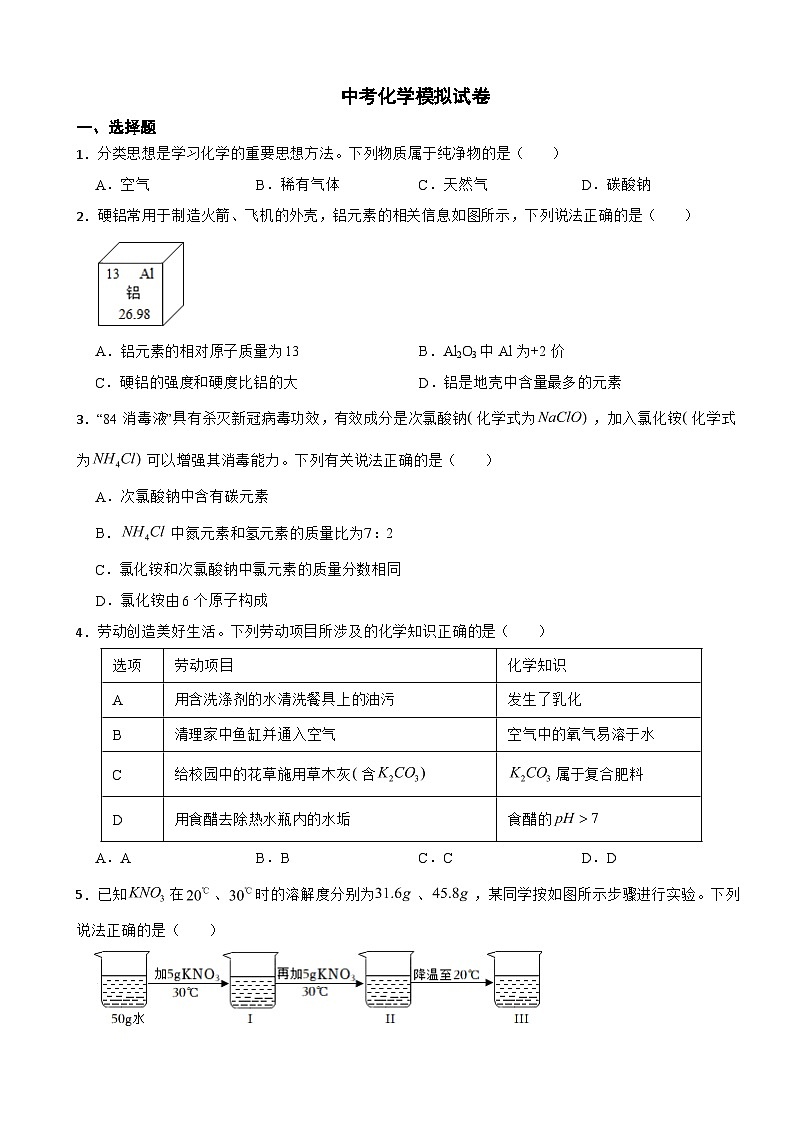 陕西省西安2024年中考化学模拟试卷附答案第1页