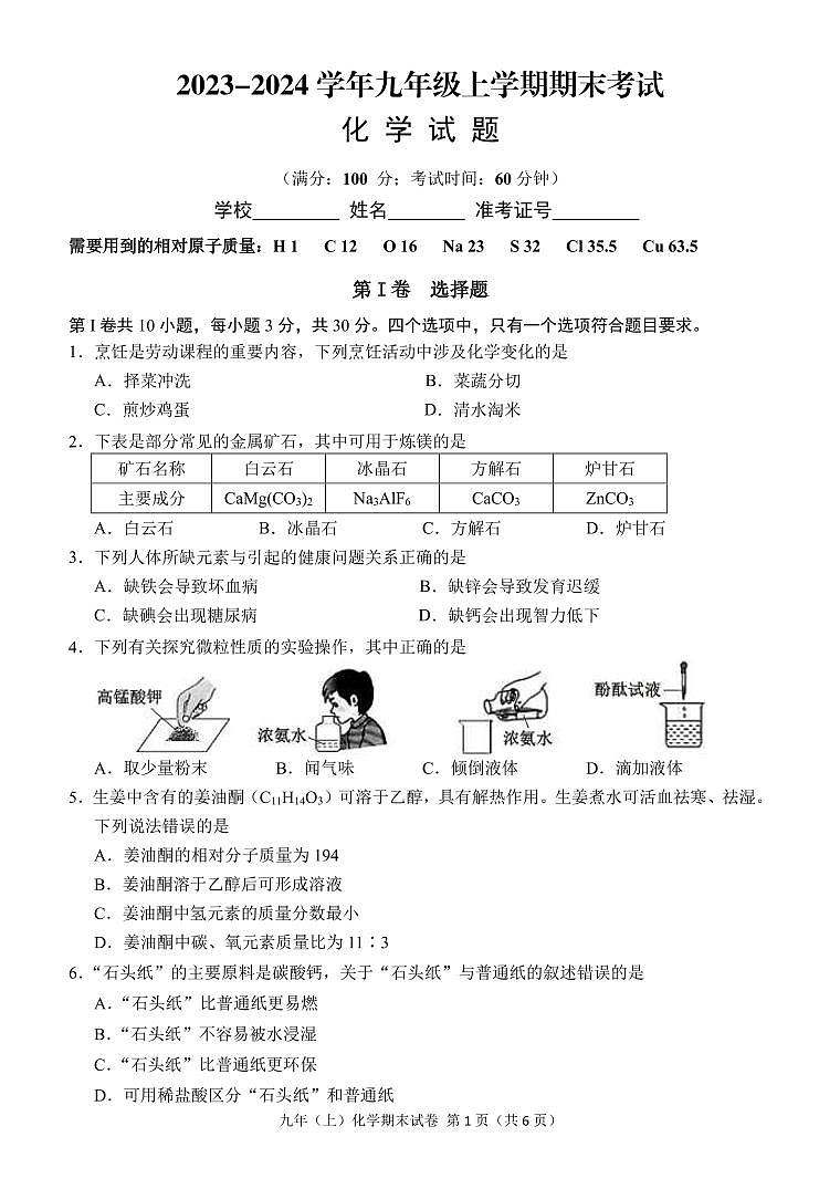 福建省龙岩市连城县2023-2024学年九年级上学期期末考试化学试题01