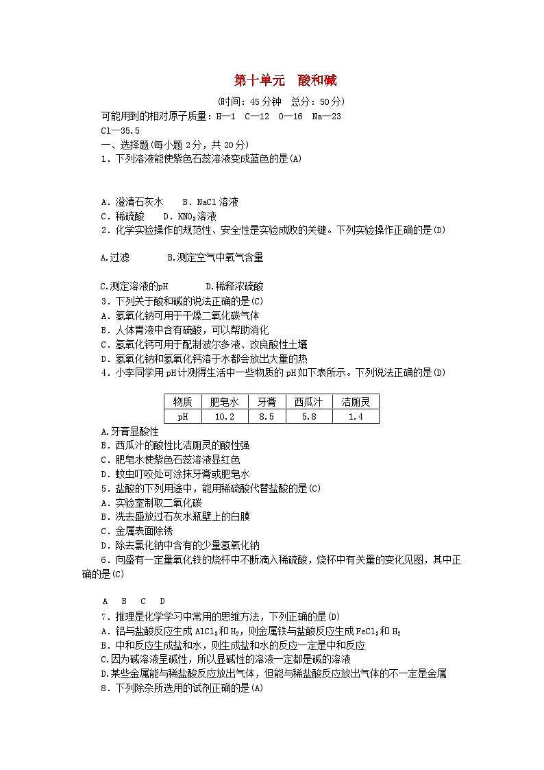 2024九年级化学下册第十单元酸和碱素养评价试卷（附答案人教版）01
