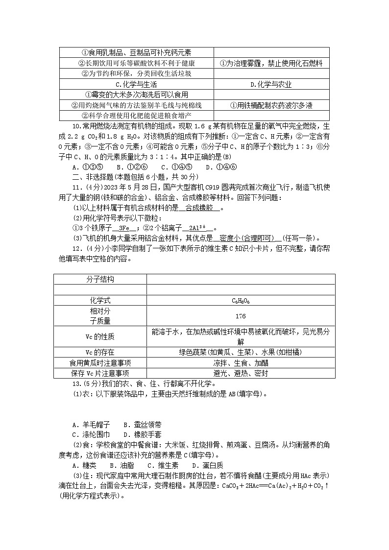 2024九年级化学下册第十二单元化学与生活素养评价试卷（附答案人教版）第2页