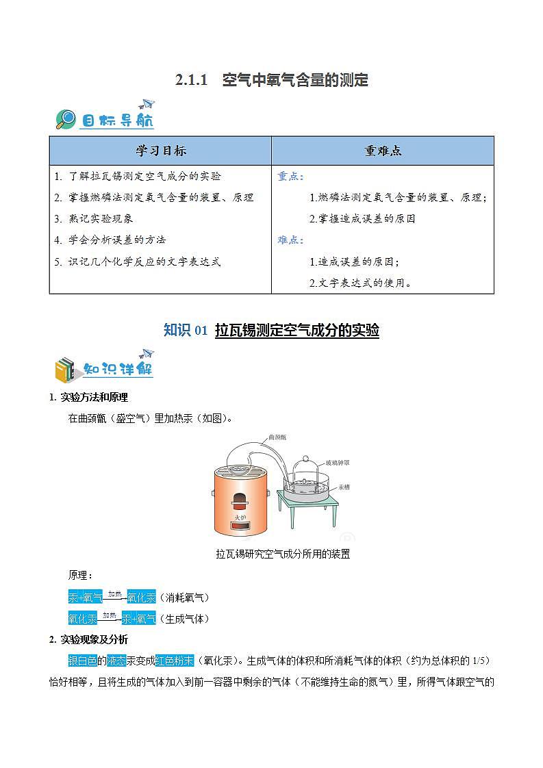2.1.1 空气中氧气含量的测定（含培优竞赛试题）-2024-2025学年九年级化学上册重难点突破（人教版）01