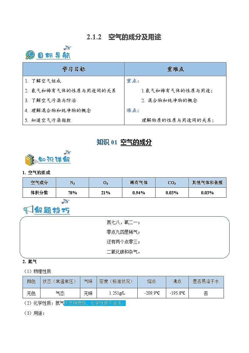 2.1.2 空气的成分及用途（含培优竞赛试题）-2024-2025学年九年级化学上册重难点突破（人教版）01
