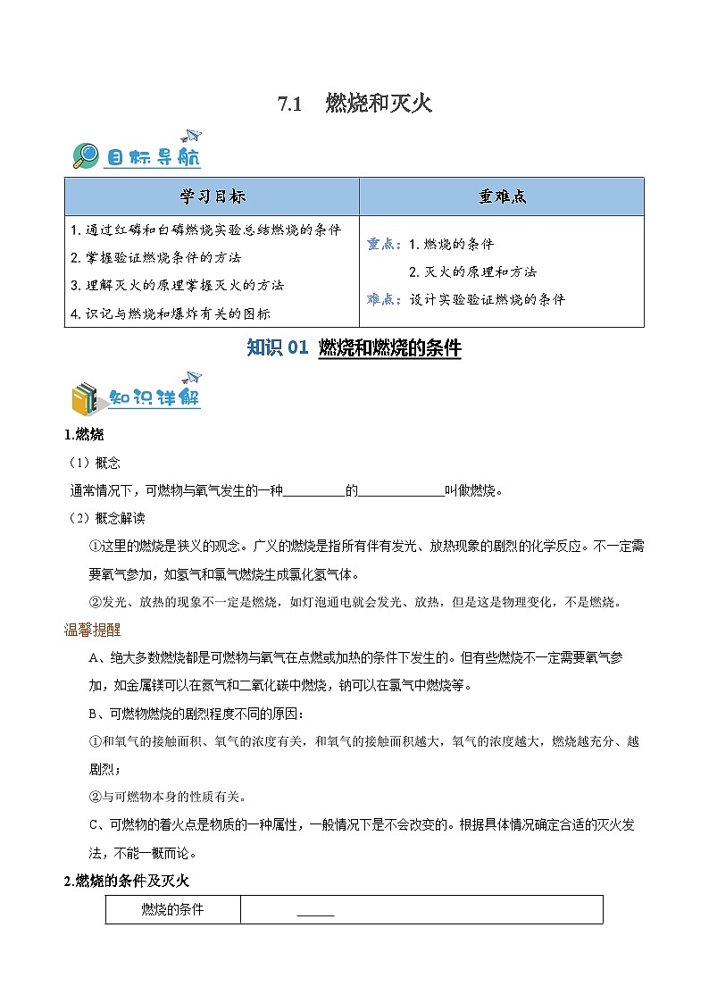 7.1  燃烧和灭火（含培优竞赛试题）-2024-2025学年九年级化学上册重难点突破（人教版）01
