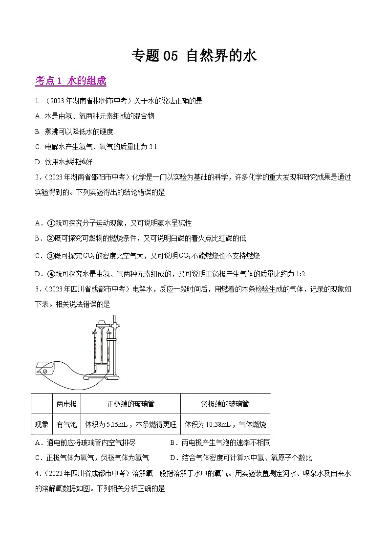 2024年中考化学真题分项汇编（全国通用）专题05 自然界的水（第01期）（原卷版+解析）01