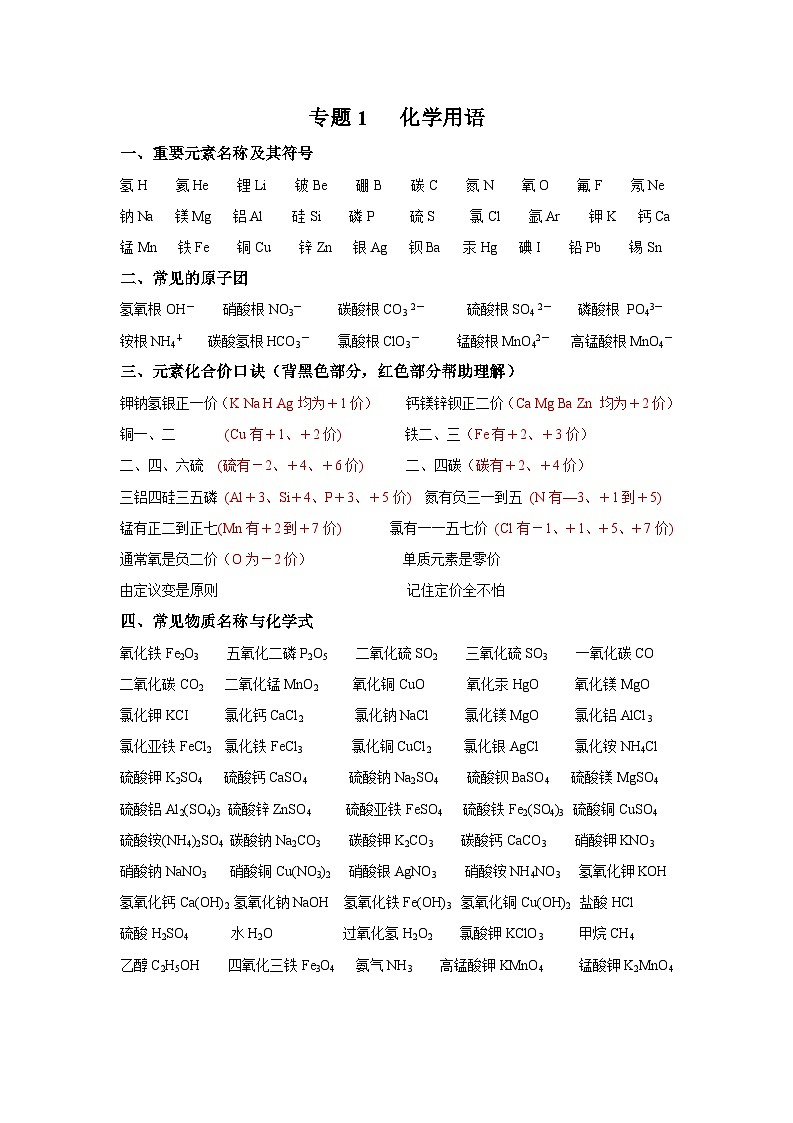 【备战2024中考】一轮复习 初中化学 必备知识点专题01 化学用语-知识点清单01