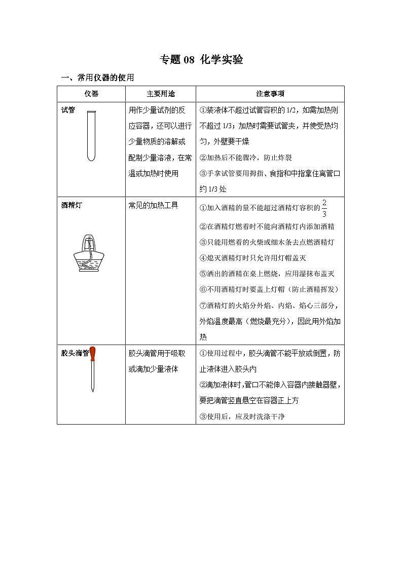 【备战2024中考】一轮复习 初中化学 必备知识点专题08 化学实验-知识点清单第1页