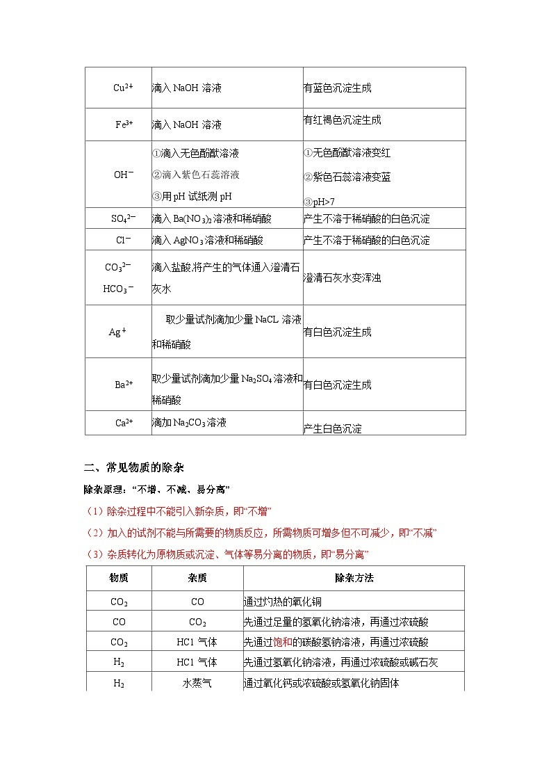 【备战2024中考】一轮复习 初中化学 必备知识点专题09 常见物质的检验、鉴别和除杂-知识点清单02