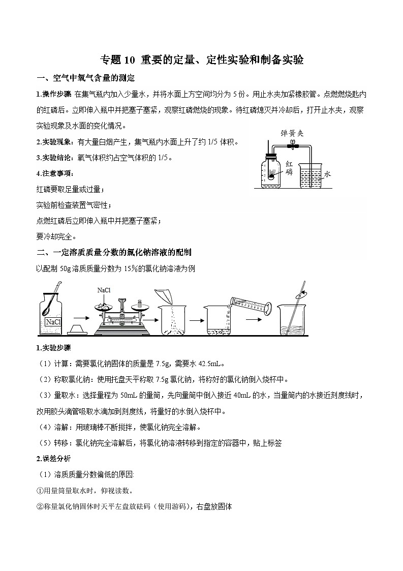 【备战2024中考】一轮复习 初中化学 必备知识点专题10 重要的定量、定性实验和制备实验-知识点清单01