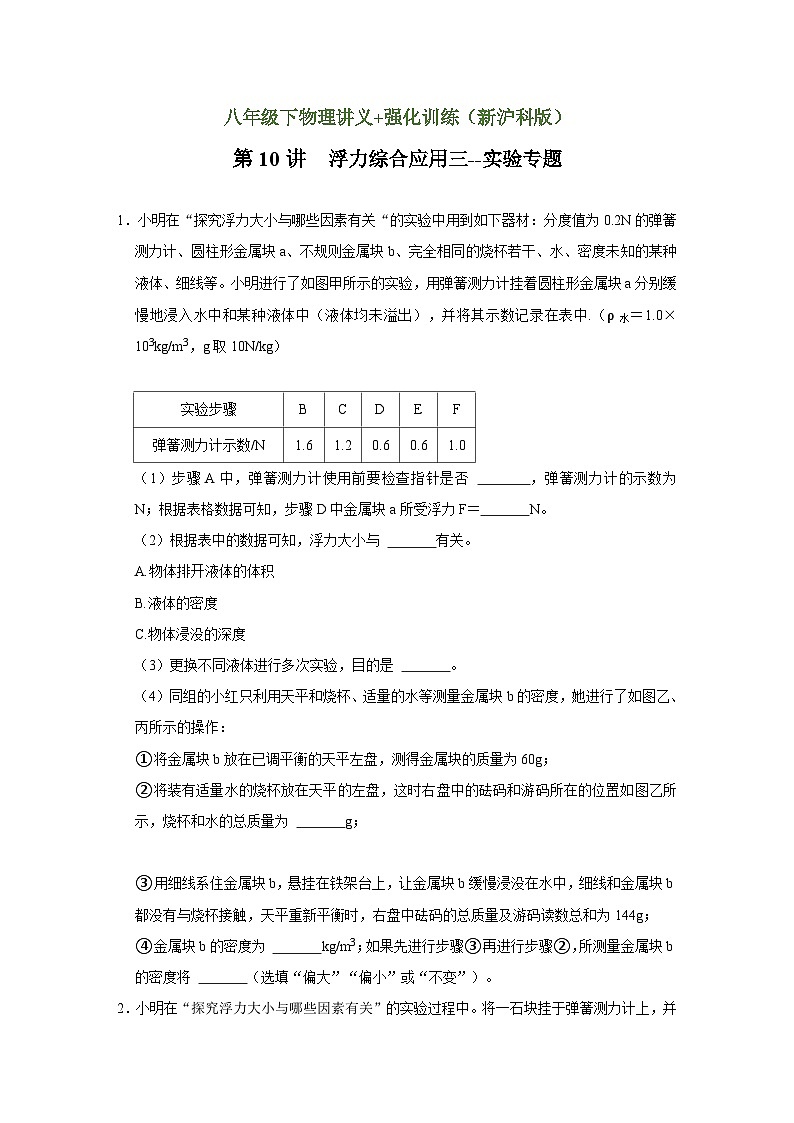 沪科版八年级物理下册同步精品讲义 第10讲 浮力综合应用三--实验专题（强化训练）（原卷版+解析）01