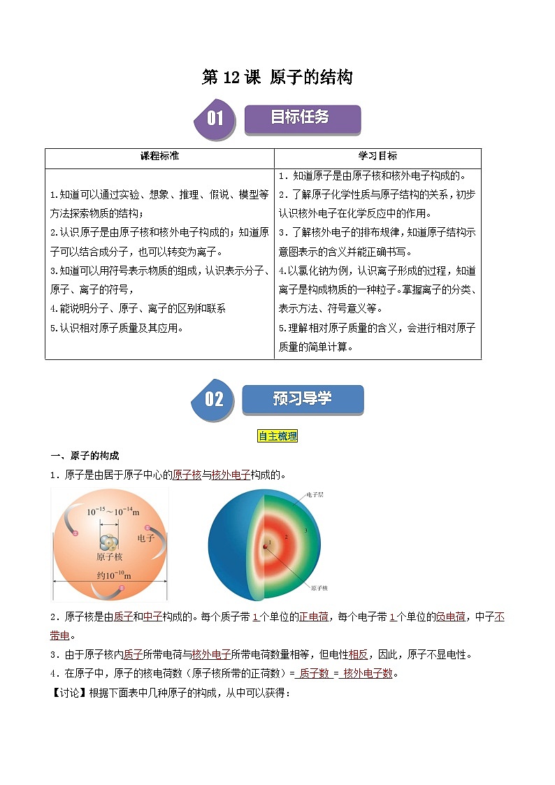 【分层训练】人教版初中化学 九年级上册 第12课 原子的结构01