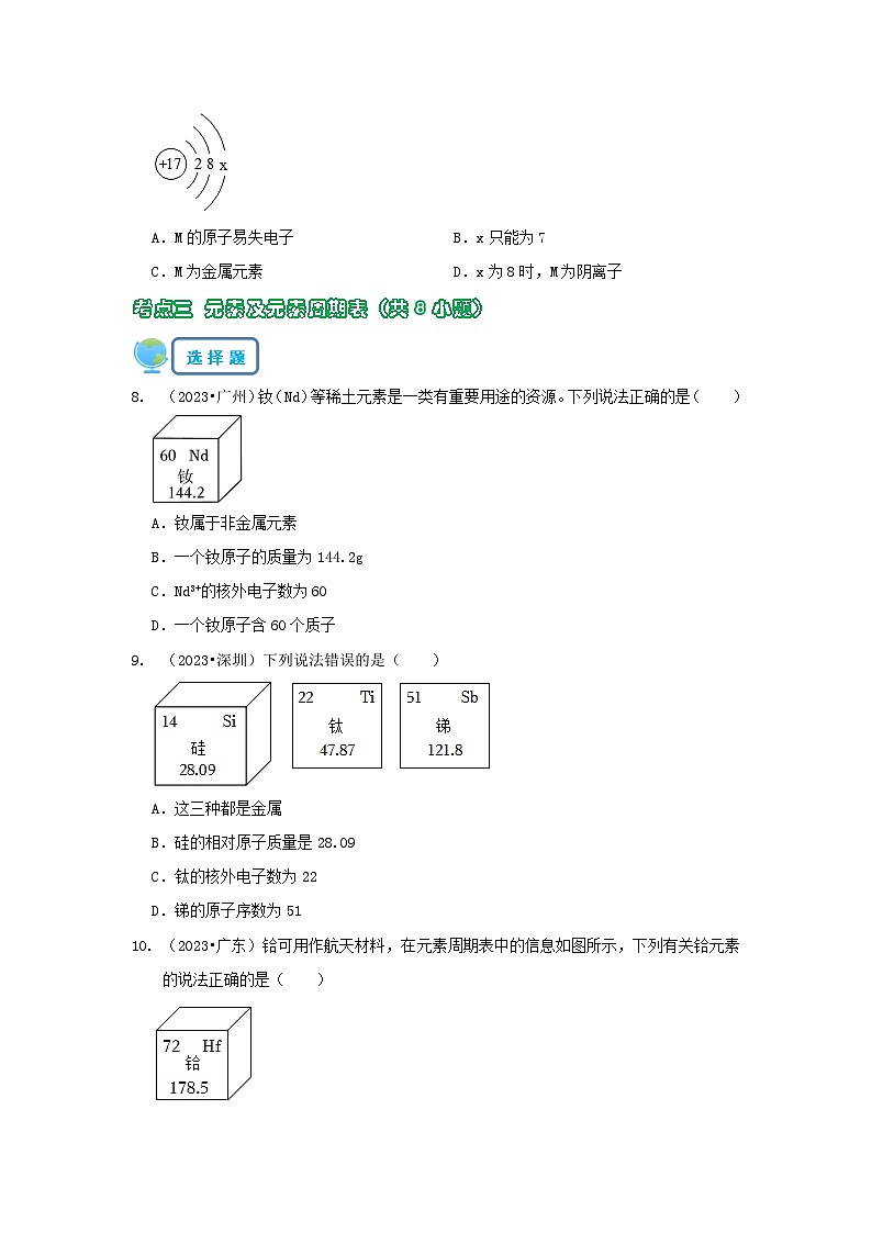 专题08 物质构成的微粒（原卷版）-5年（2019-2023）中考1年模拟化学分项汇编（广东专用）第3页