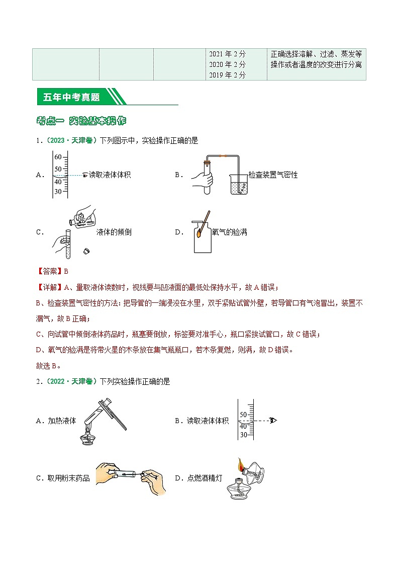 专题02 基本实验技能-5年（2019-2023）中考1年模拟化学真题分项汇编（天津专用）（解析版）第2页