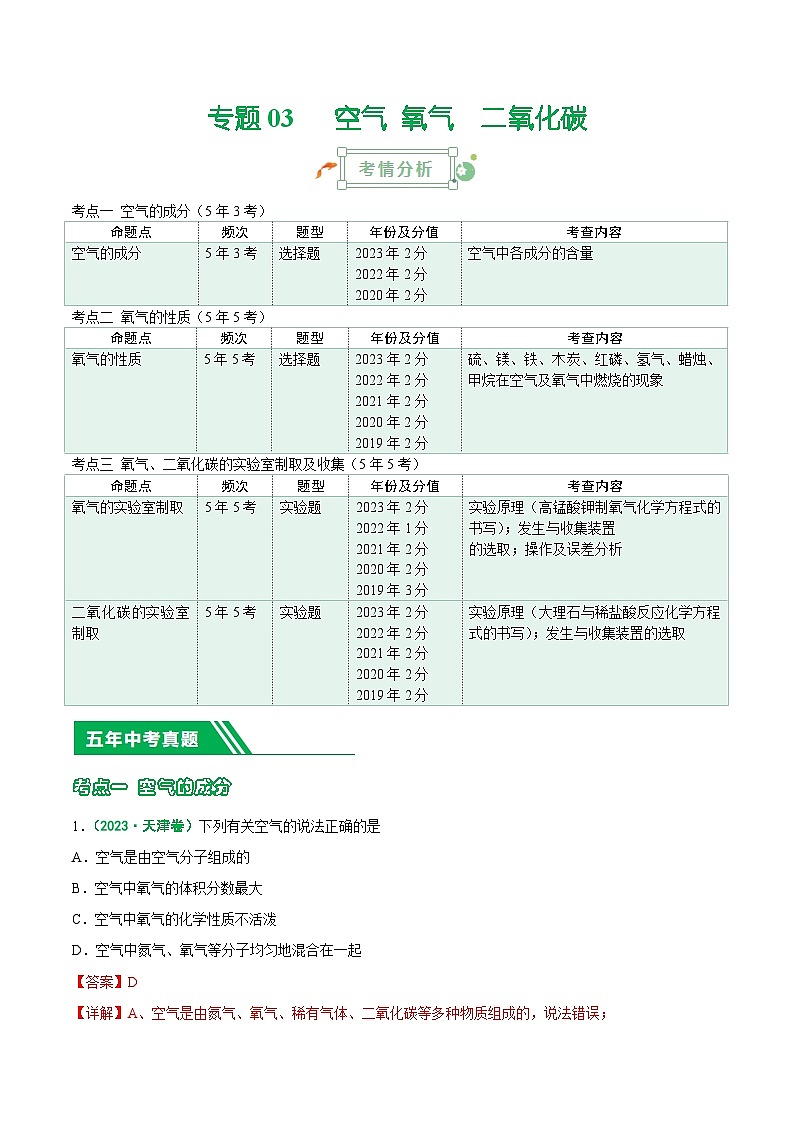 专题03 空气  氧气  二氧化碳-5年（2019-2023）中考1年模拟化学真题分项汇编（天津专用）01