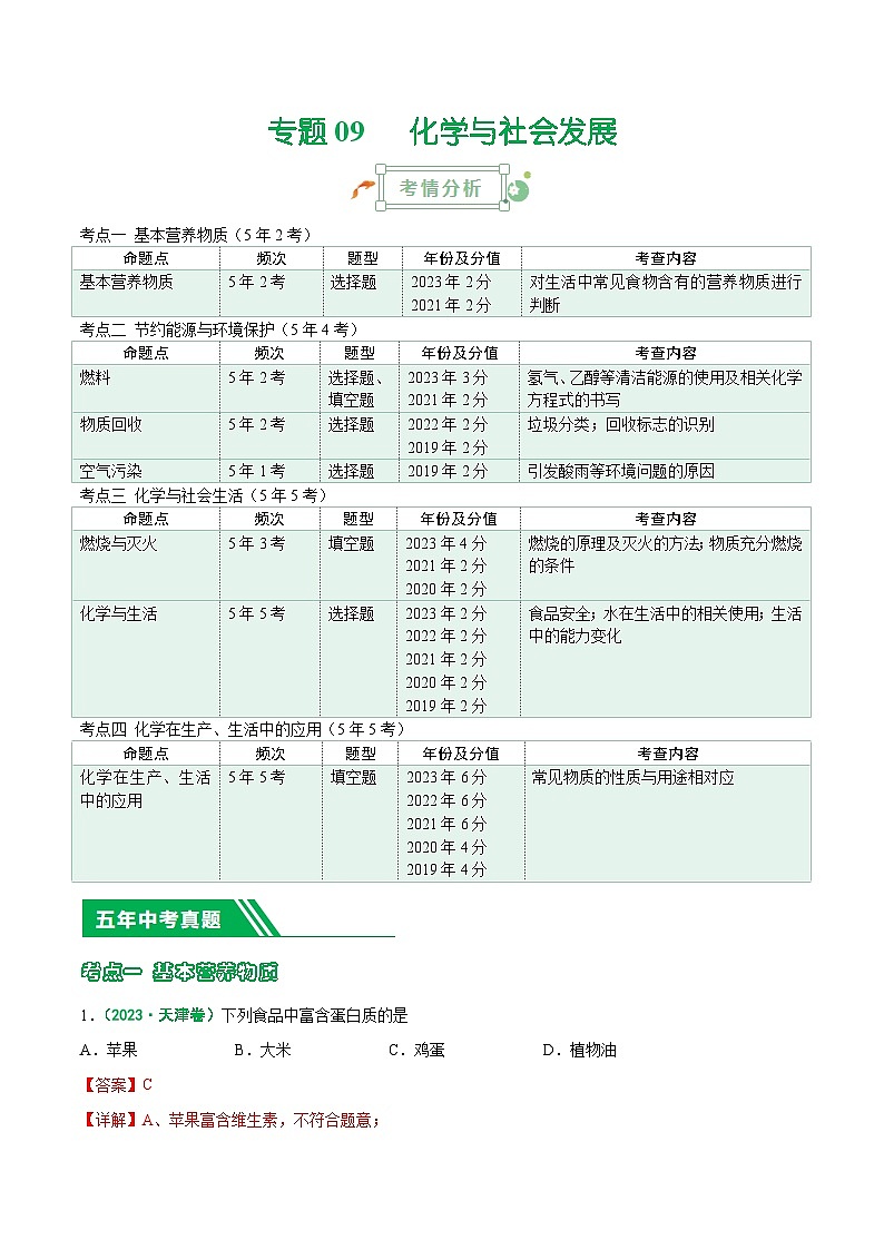 专题09 化学与社会发展-5年（2019-2023）中考1年模拟化学真题分项汇编（天津专用）01