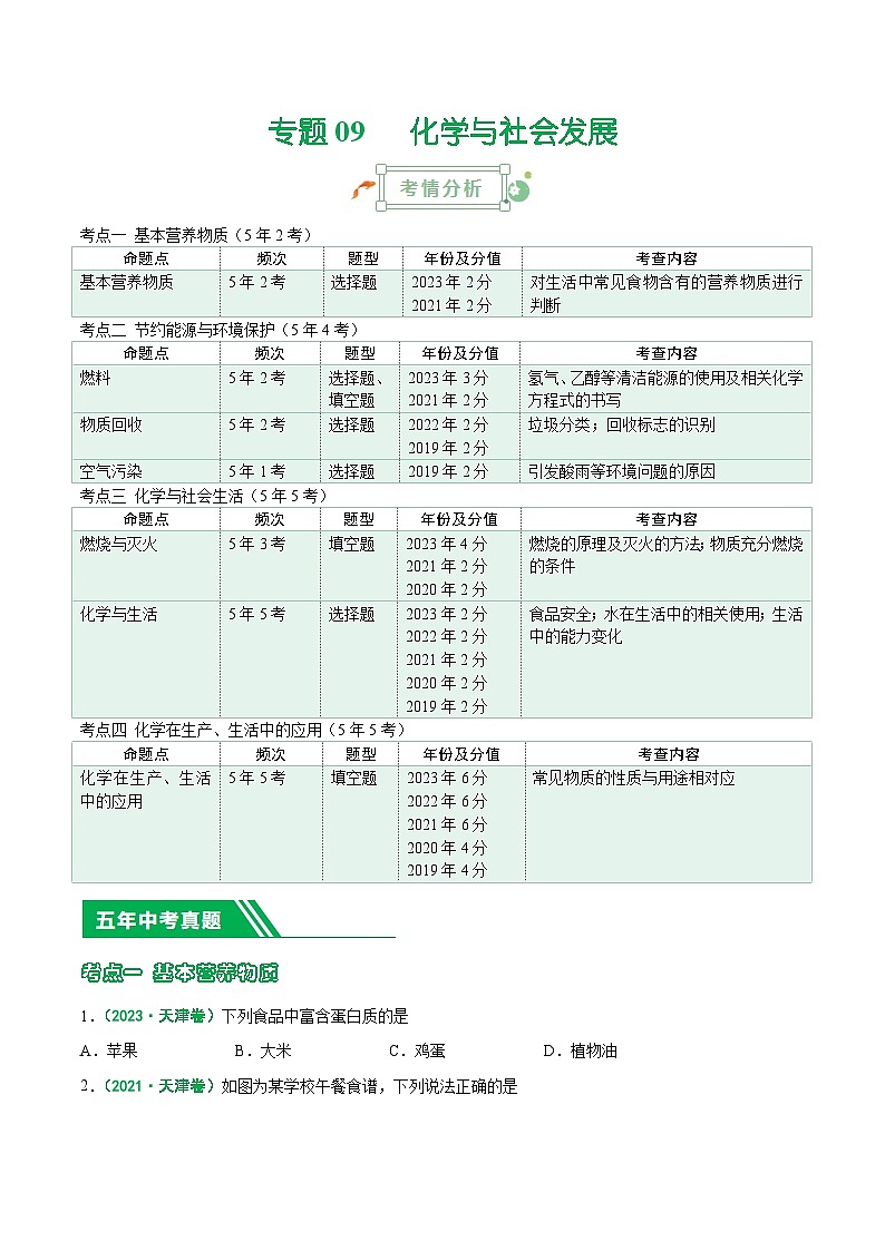 专题09 化学与社会发展-5年（2019-2023）中考1年模拟化学真题分项汇编（天津专用）01