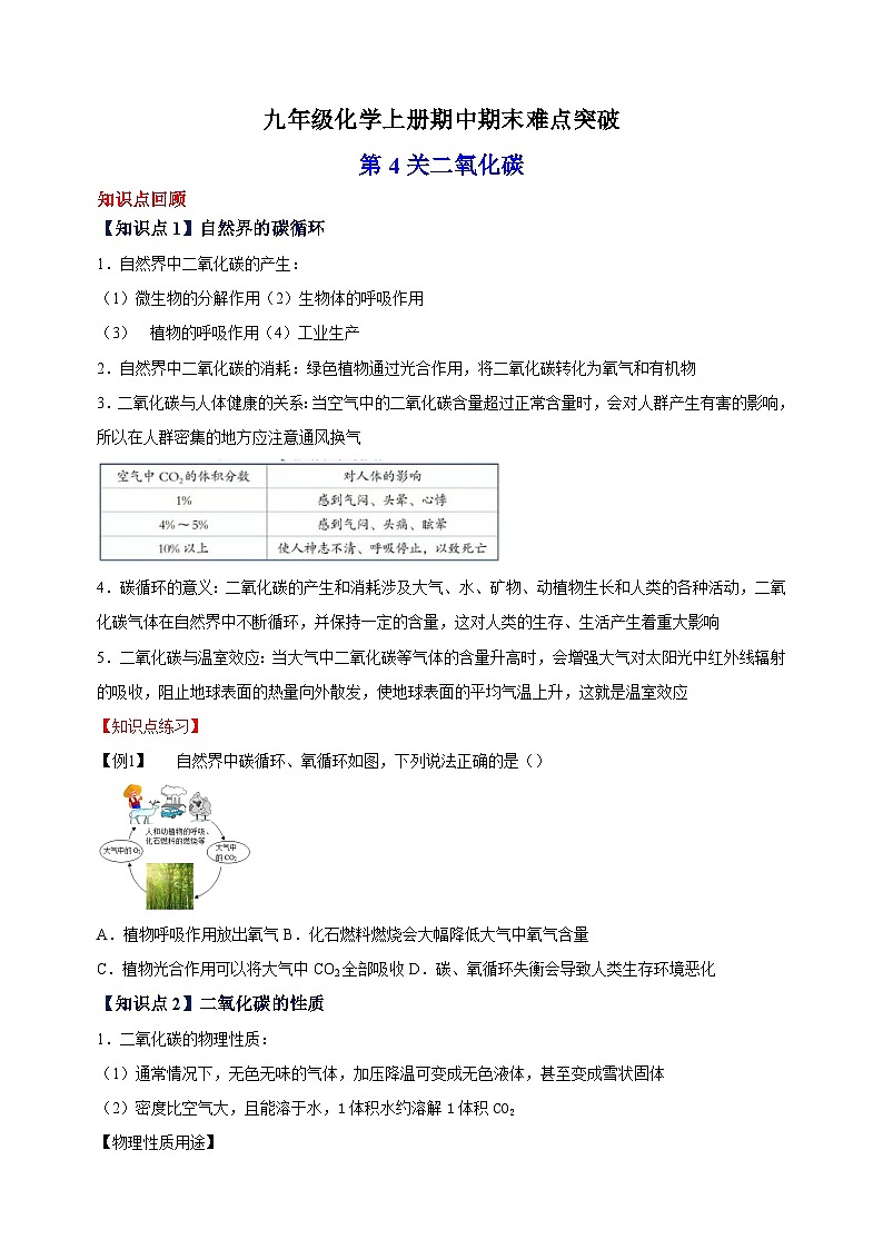 难点4 二氧化碳-2023-2024学年沪教版九年级化学上册期中期末难点突破练习（含答案解析）01
