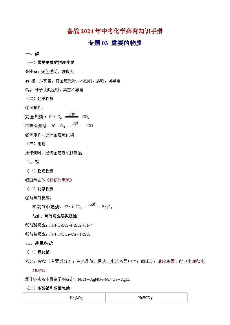 专题03 重要的物质-备战2024年中考化学必背知识手册01