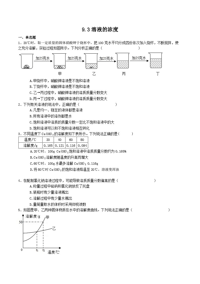 人教版九年级化学下册同步习题  9.3溶液的浓度（习题）（原卷版+解析）第1页