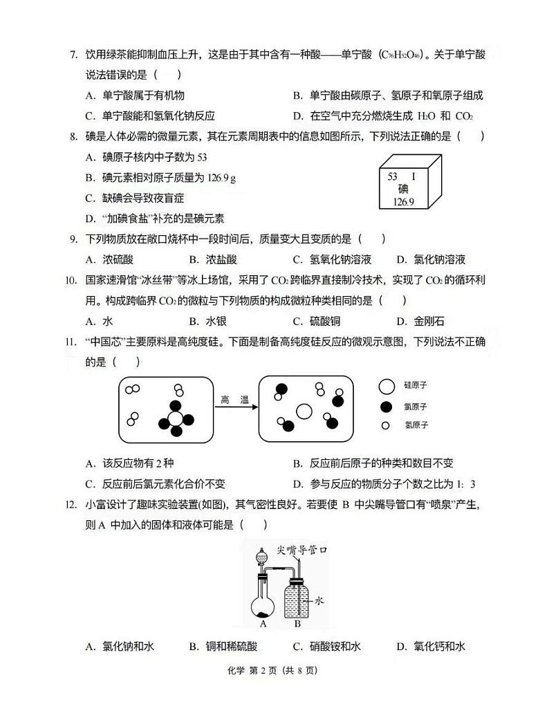 +重庆市西南大学附属中学校2022-2023学年九年级下学期3月定时训练化学试卷第2页
