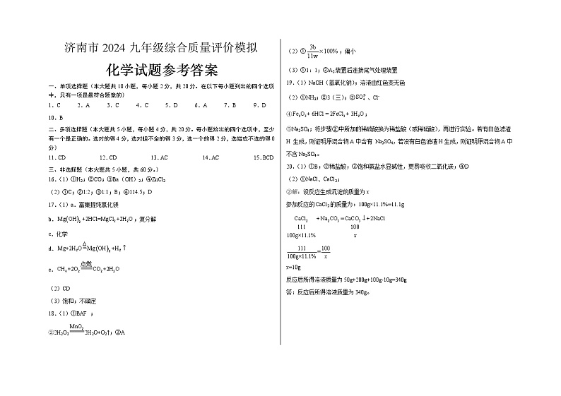 31，2024年山东省济南市中考综合质量评价模拟化学试卷(1)01