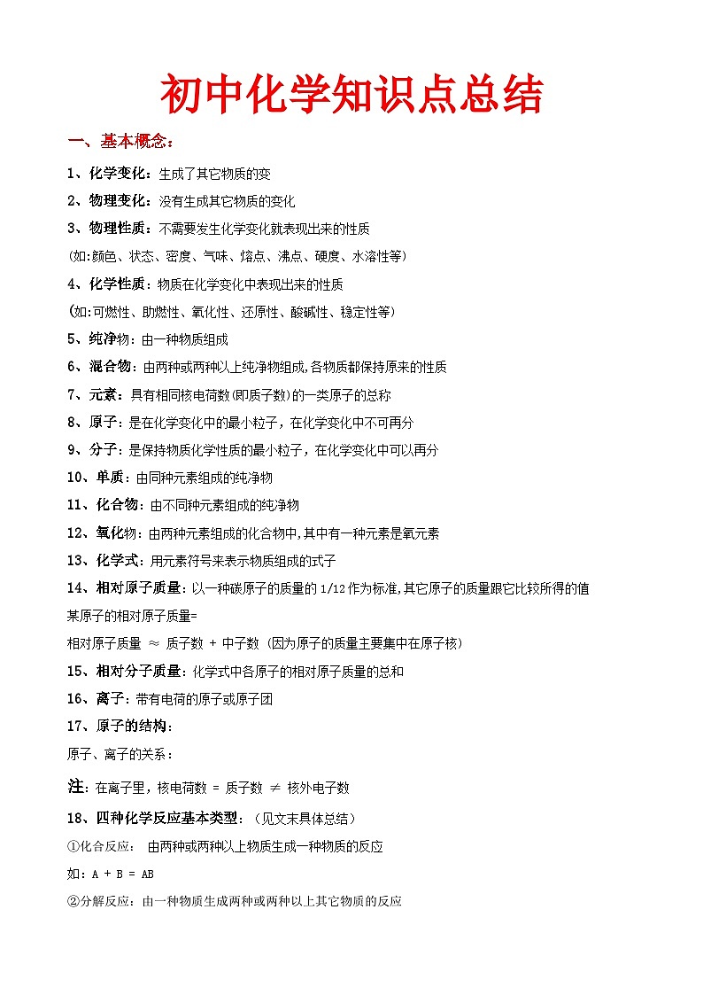 初中化学知识点总结大全01