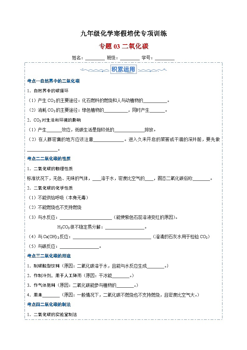 专题03 二氧化碳-九年级化学寒假培优专项训练（沪教版）01