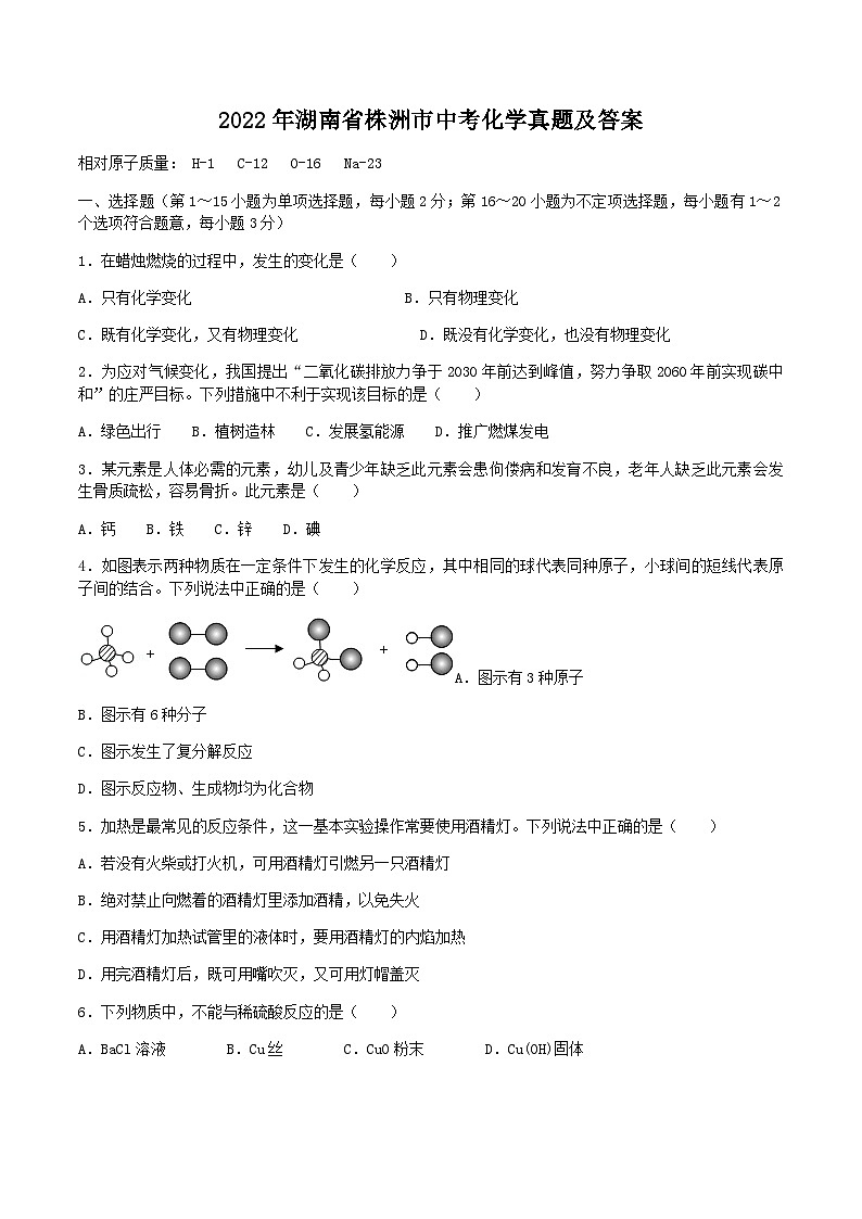 2022年湖南省株洲市中考化学真题及答案第1页
