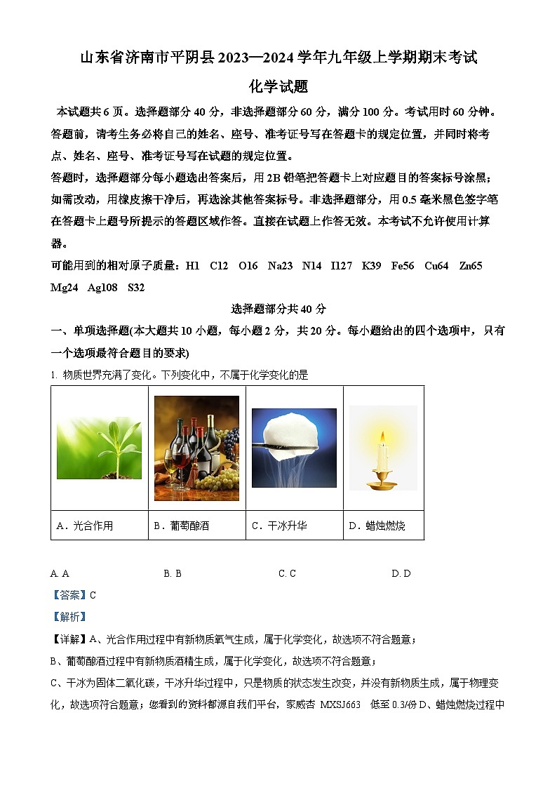 山东省济南市平阴县2023-2024学年九年级上学期期末考试化学试题01