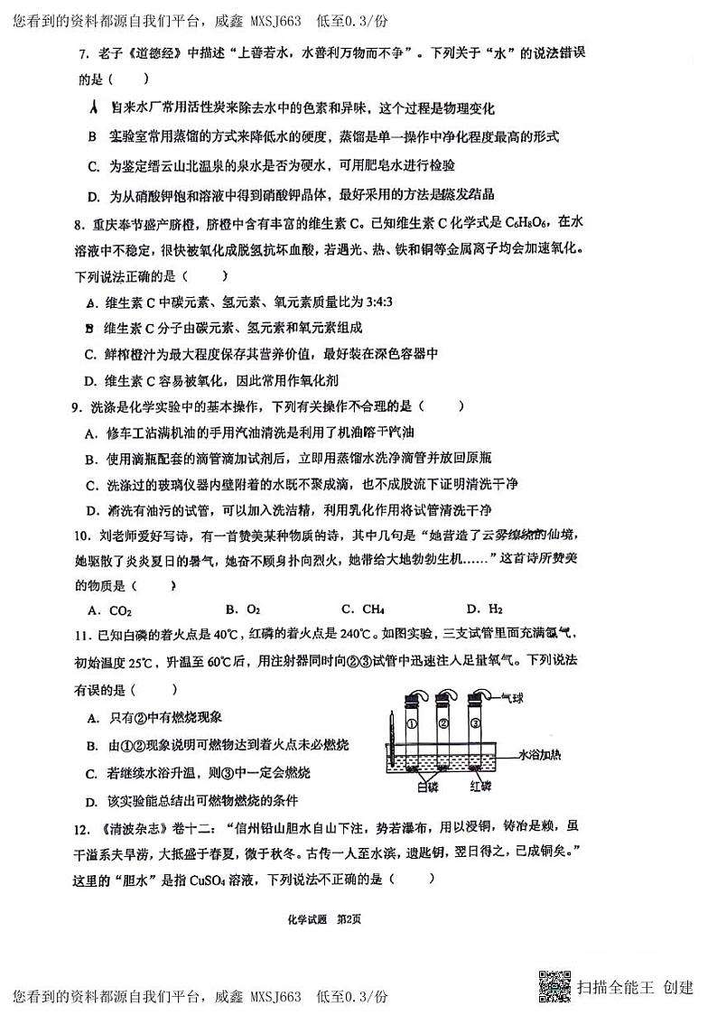 重庆市鲁能巴蜀中学2023-2024学年九年级下学期开学考试化学试题第2页