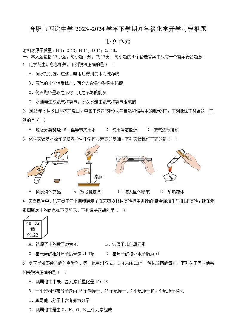 安徽省合肥市西递中学2023_2024学年九年级下学期化学开学考模拟试题第1页