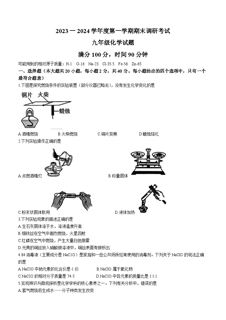 河北省保定市清苑区2023-2024学年九年级上学期期末化学试题第1页