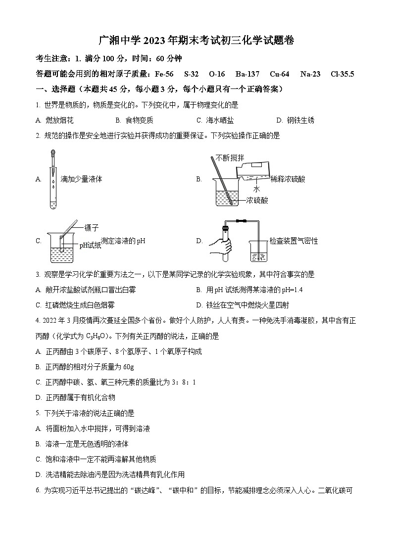 湖南省衡阳市耒阳市广湘初级中学2023-2024学年九年级上学期1月期末化学试题（原卷+解析）01