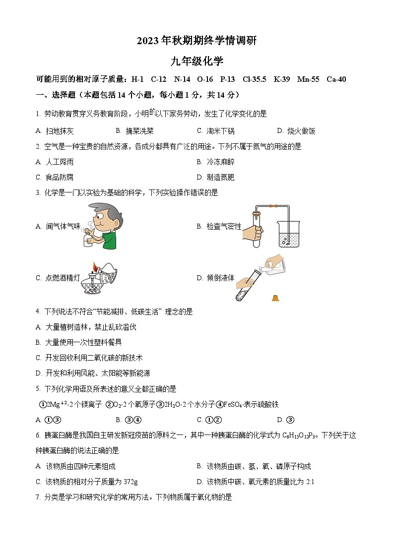 精品解析：河南省南阳市桐柏县2023-2024学年九年级上学期1月期末化学试题（原卷版）第1页